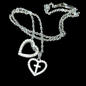 Open heart cz pendants on silvertone chain cross lobster clasp removable